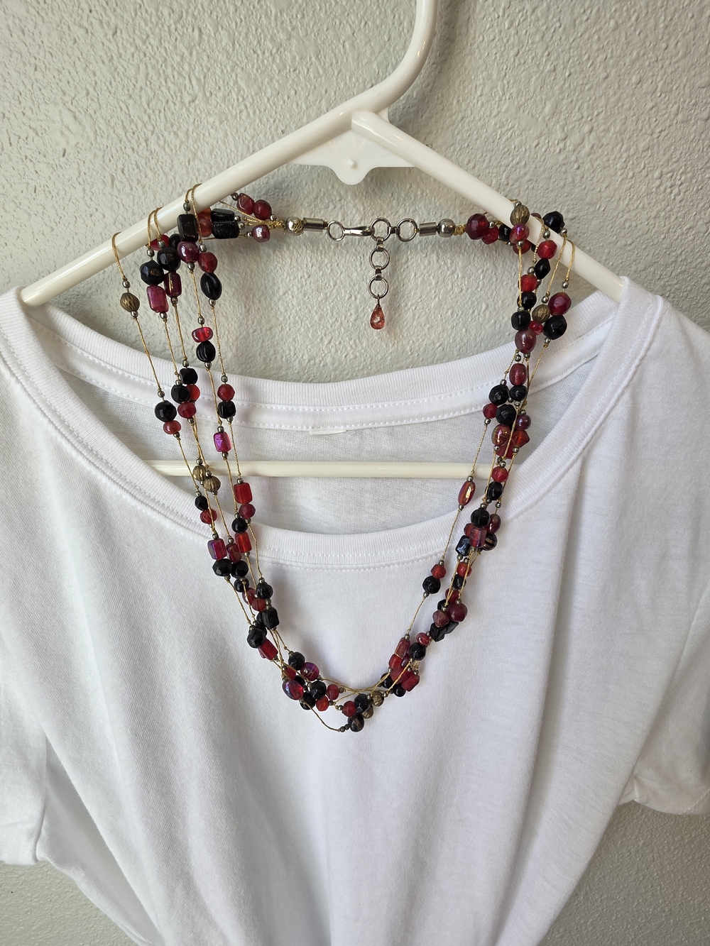 Multi-Strand Beaded Necklace in Red and Black - Elegant Layered Design #1